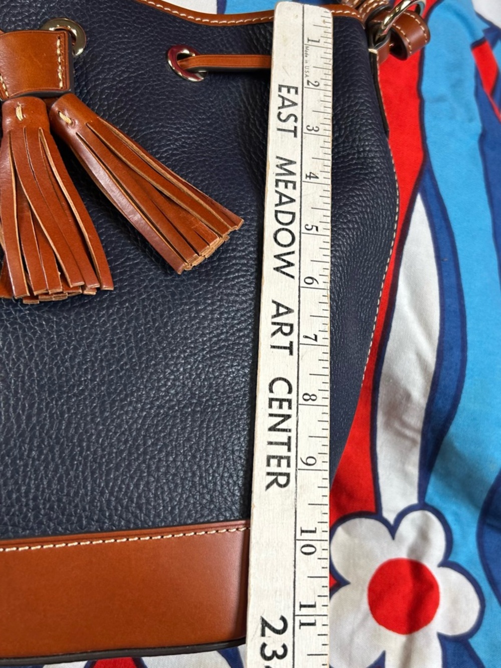 Dooney & Bourke Navy Pebbled Leather Shoulder Bag with Brown Trim and Tassels - Picture 8 of 8